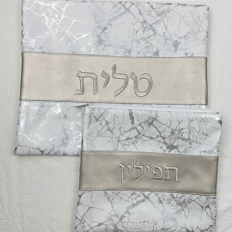 1 sada bieleho strieborného tallit a kože tefilin