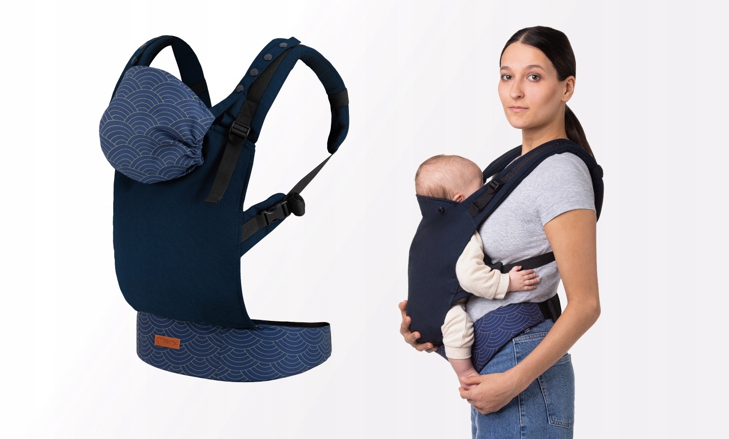 Ergonomický nosič dieťaťa MoMi COLLET 2 v 1 – modrý nosič s kapucňou na predné a zadné nosenie do 15 kg