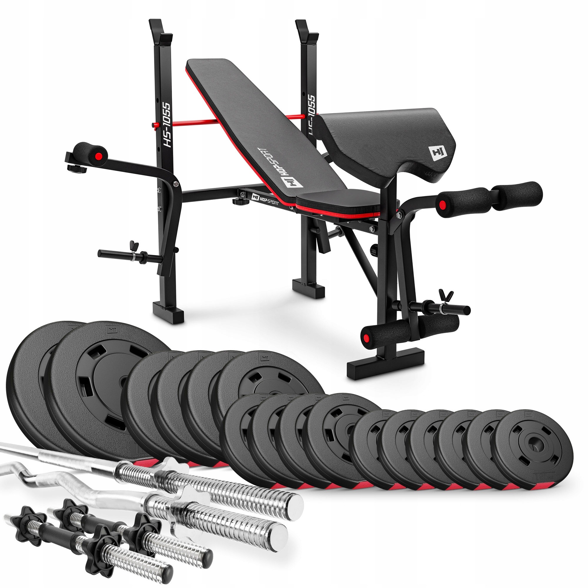 Hop-Sport Premium 75 kg kulturistická sada s lavicou HS-1055, stojanmi, činkami a kompozitným závažím