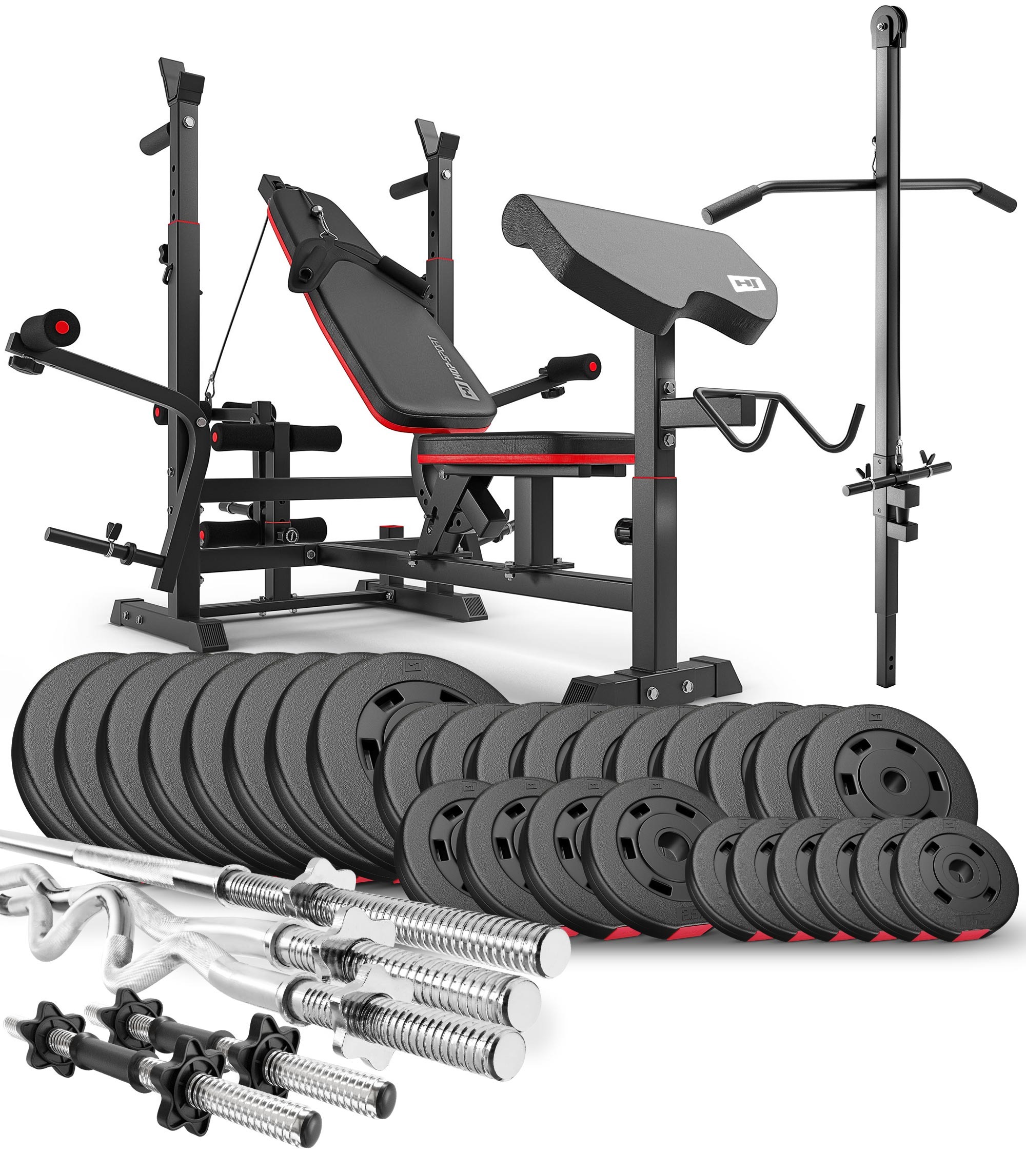 Hop-Sport Premium 173 kg kulturistická sada s lavicou HS-1075, kladkou a 147,5 kg závažím