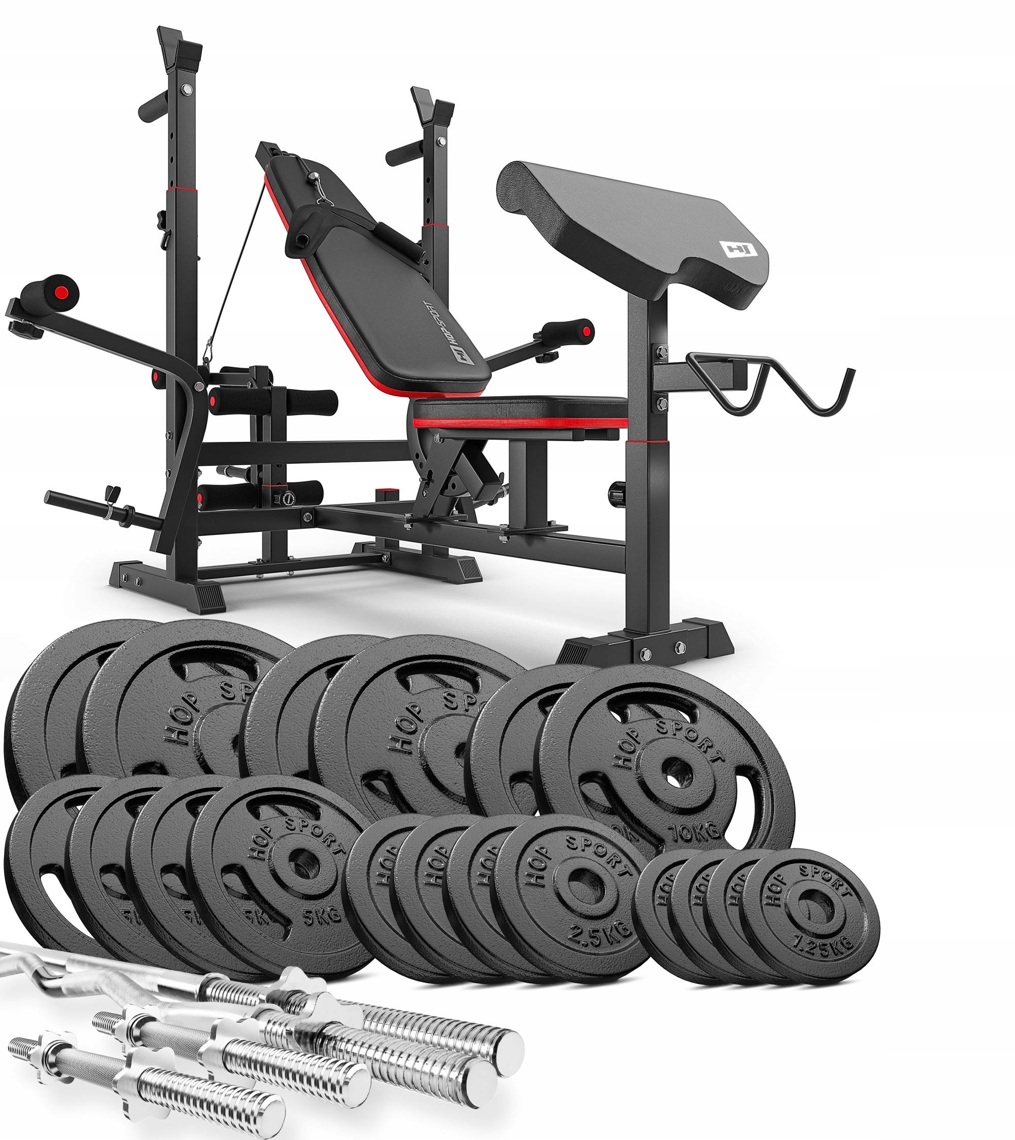 Hop-Sport Strong 146 kg liatinová kulturistická sada s nastaviteľnou lavicou HS-1055, kazateľskou opierkou a stojanmi