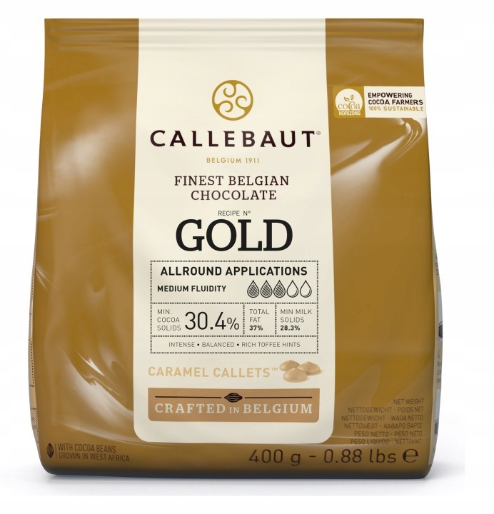 Callebaut Gold belgická karamelová čokoláda so slaným karamelom 30,4 % kakaa 400 g Callets