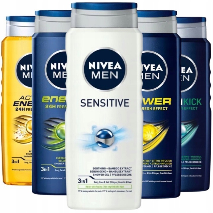 NIVEA MEN sprchové gély 3v1 Mix vôní pre mužov 5 × 500 ml – Active Energy, Sensitive, Energy, Cool Kick, Power 24H Fresh Effect