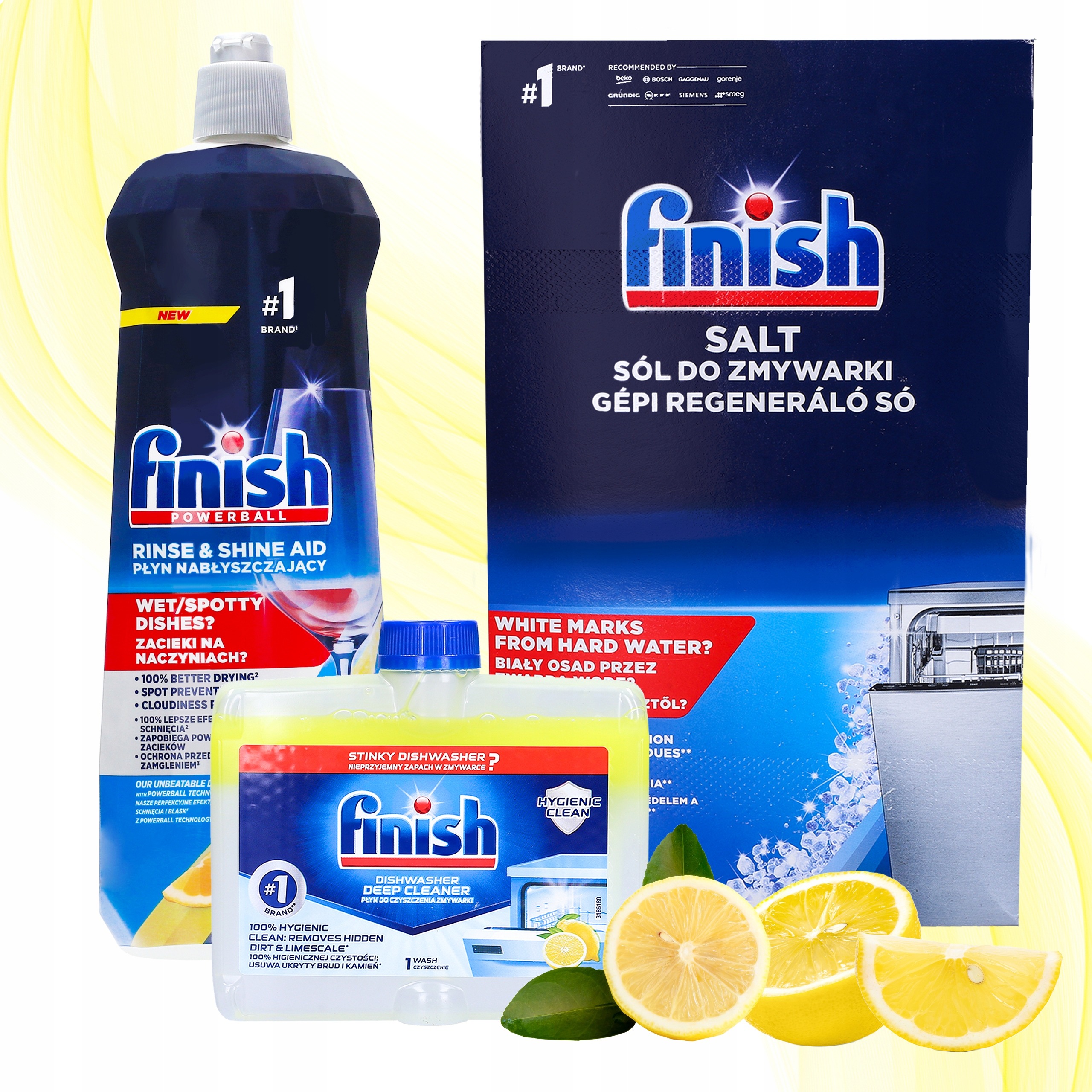 Sada prísad do umývačky riadu Finish – soľ 1,5 kg, leštidlo 0,8 l Citrón, čistiaci prostriedok 0,25 l