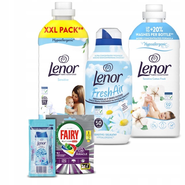 Lenor Sensitive hypoalergénna sada 180 praní – 3,44 l + vzorky Fairy a Lenor