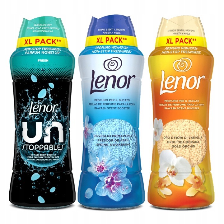 Lenor sada voňavých perál MIX 3x495g + ZADARMO – Zlatá orchidea, Unstoppables Fresh, Spring Awakening