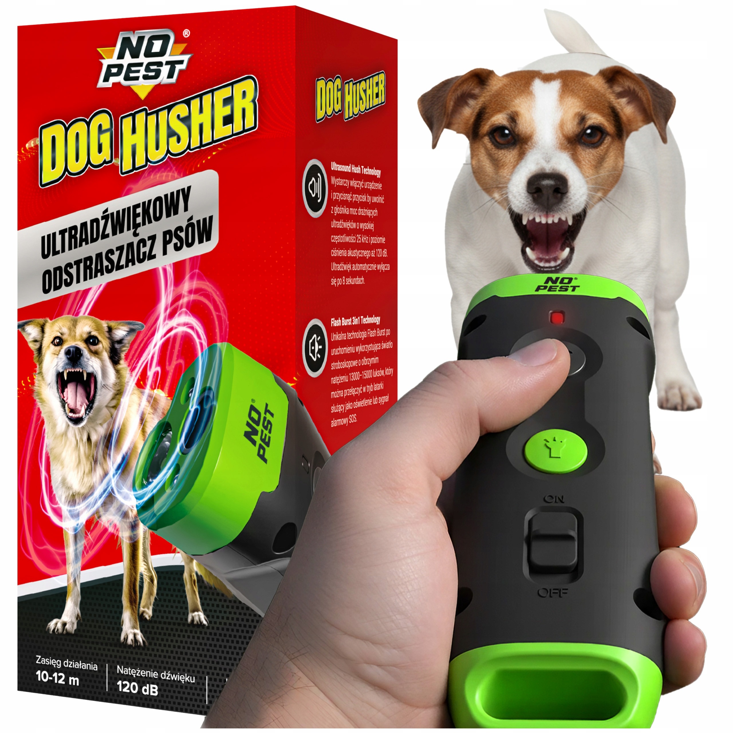 No Pest® Dog Husher – ultrazvukový odpudzovač psov so stroboskopickým svetlom a baterkou