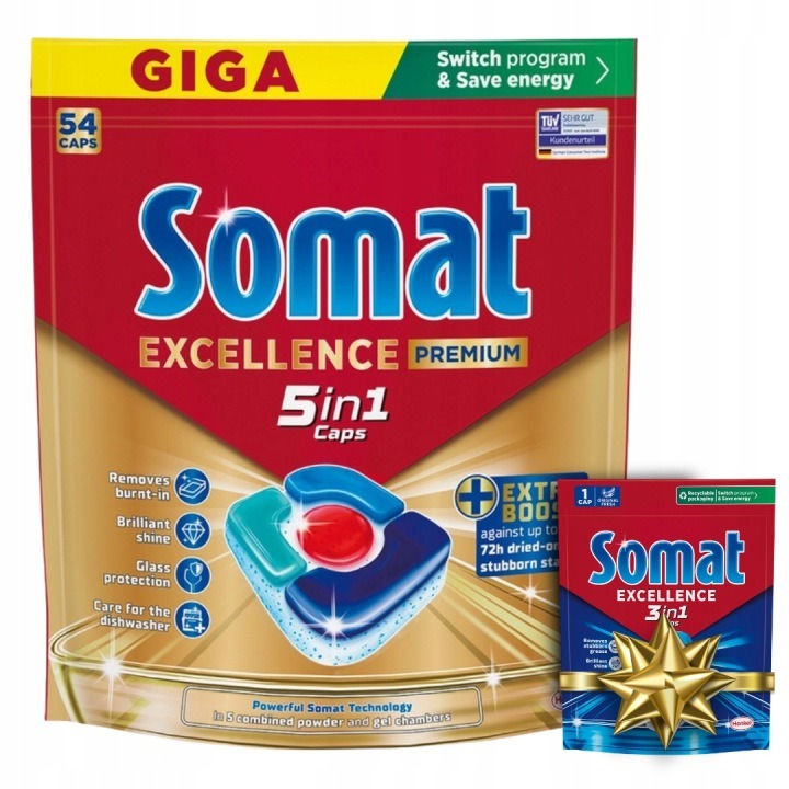 Somat Excellence Premium 5v1 kapsuly do umývačky riadu 54 ks + Tableta 3v1 zadarmo