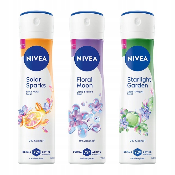 NIVEA Dámska sada antiperspirantov Floral Moon + Solar Sparks + Starlight Garden 3 × 150 ml – limitovaná edícia