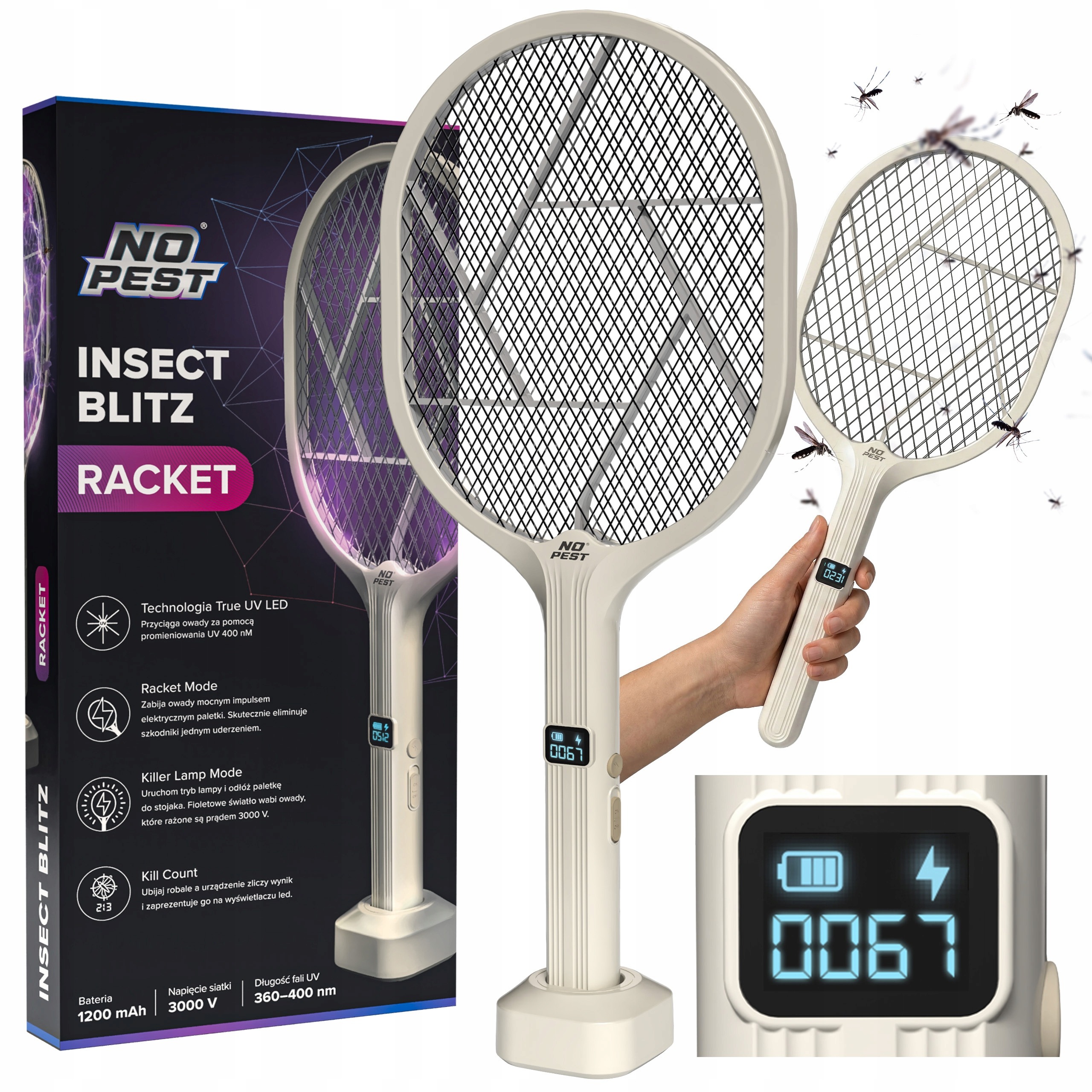 No Pest® Insect Blitz Racket LED 2v1 – elektrická plácačka na muchy, komáre, osy a UV lampa na hmyz 3000 V