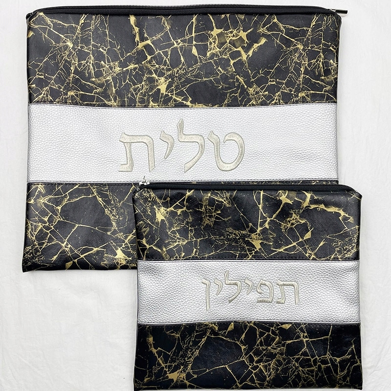 3 čierna zlatá koža Tallit a Tefilin Set