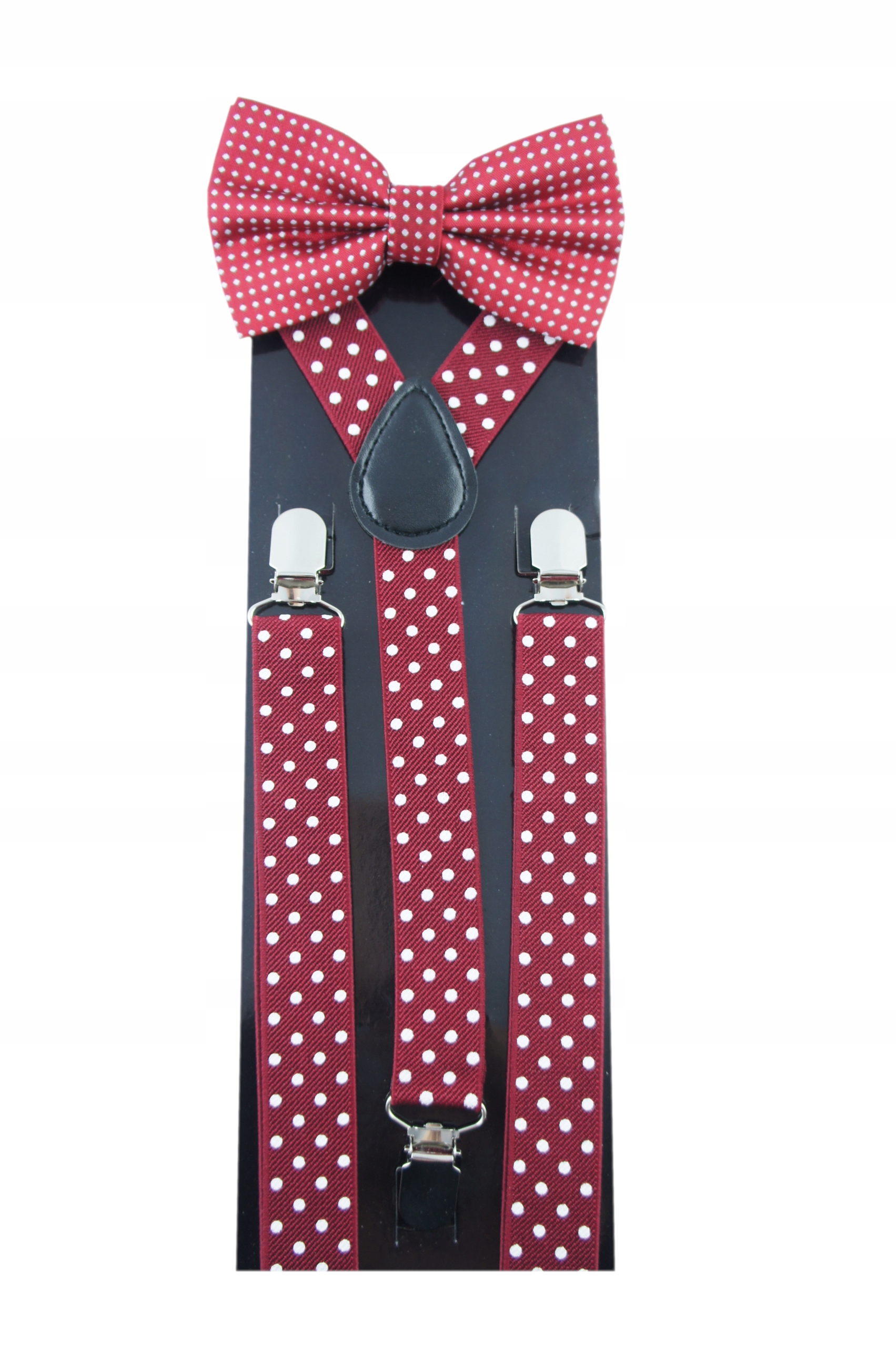 Traky na nohavice - Burgundské rovnátka a kravata Male Dot Polka bodky
