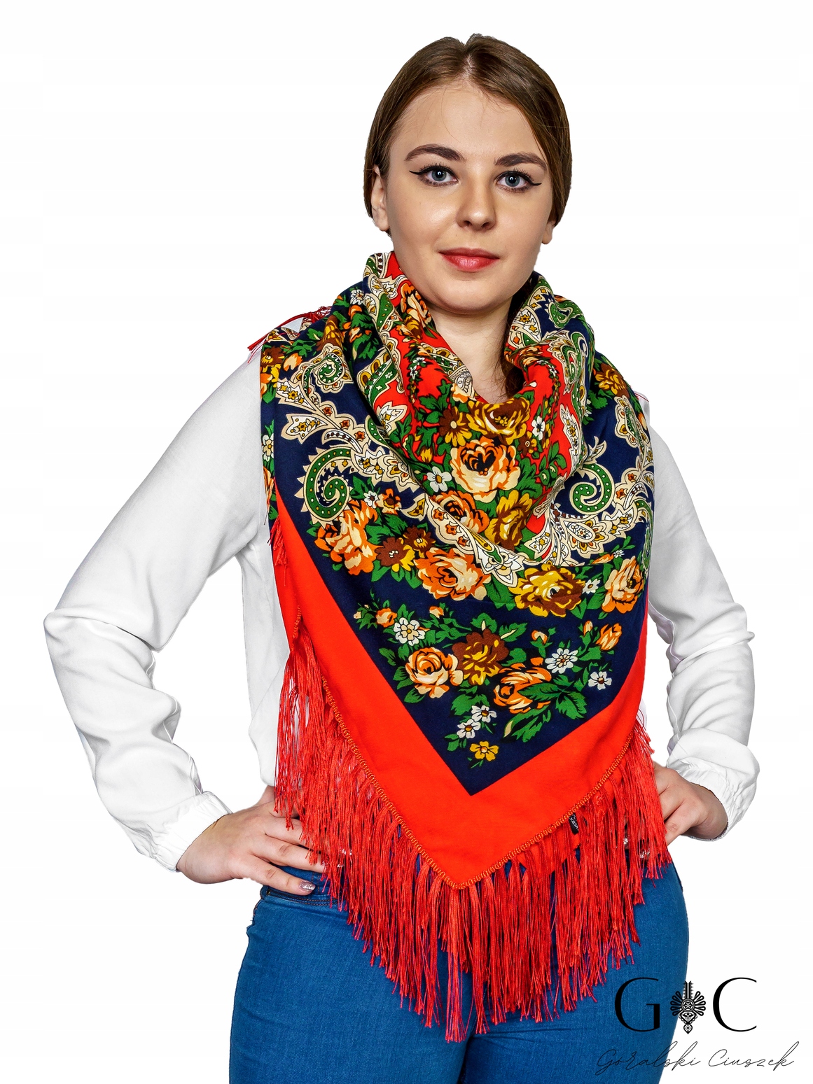Šatka - Highlanderova šál, vlna, námornícka modrá, oranžová, strieborná, viacnásobná