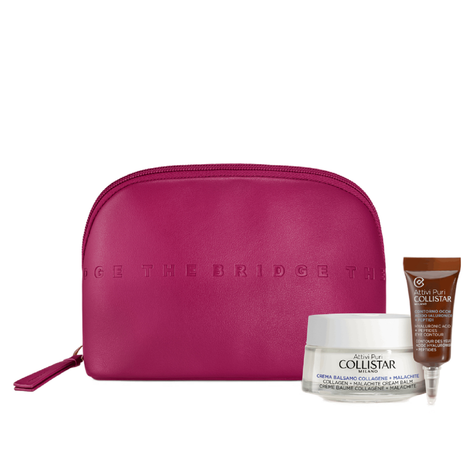 Collistar Set Attivi Puri Collagen Malachite Collagen Cream Balm krém na tvár + Attivi Puri Hyaluronic Acid Eye Contour gél na oči + kozmetická taštička