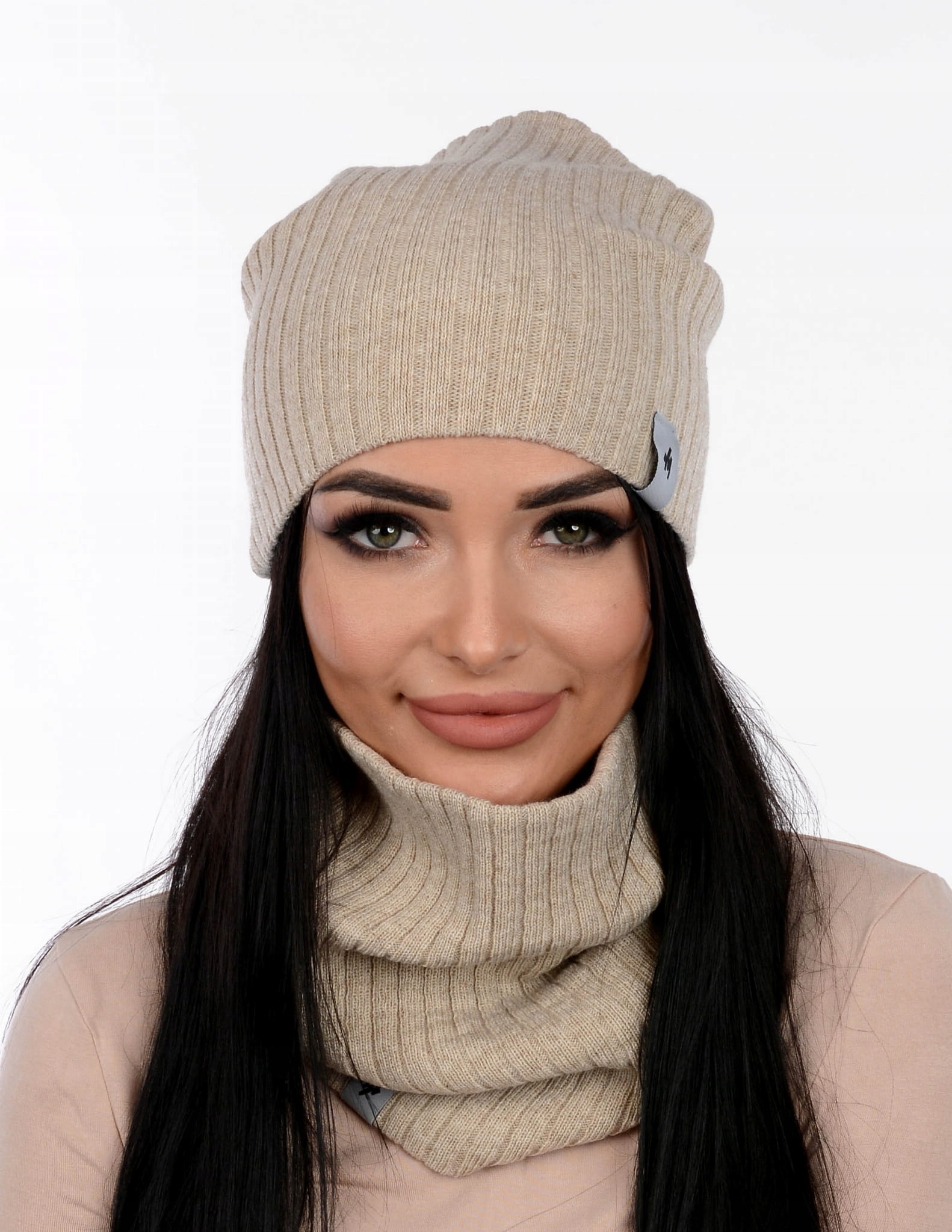 Set Cap, Chimney (Golf) Marl Autumn Winter bez zahrievania klobúk Šmolkovaná komínová trubica na pásik PLACIS POLISH BEIGE