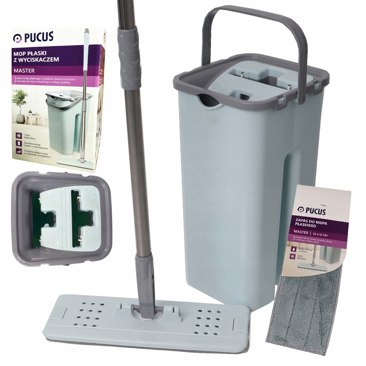 Plochý mop s dvoma -chamberským vedrom Squeegee, pucuś