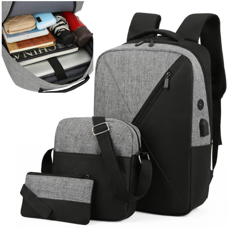 Stator Sports batoh turistický set 3in1 taška saszeta USB čierna, šedá