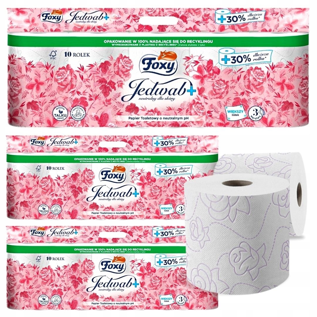 Foxy toaletný papier hodváb+ (10 valcov) x 3 balenie.
