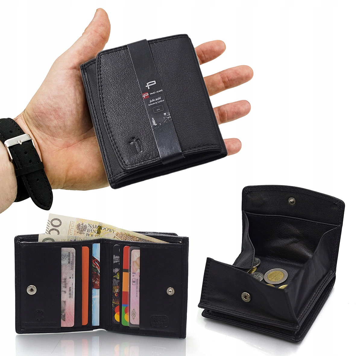 Peňaženka - Portfólio pako džínsové portfólio Prírodná koža čierna peňaženka s ochranou karty pred krádežou Data Mini - Unisex Product