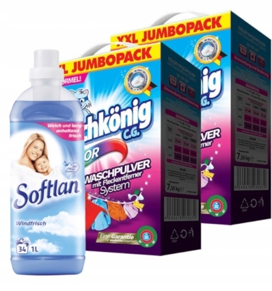 Prací  prášok - Waschkonig Prášková farba 2x 7,5 kg Fluid Softlan 1L