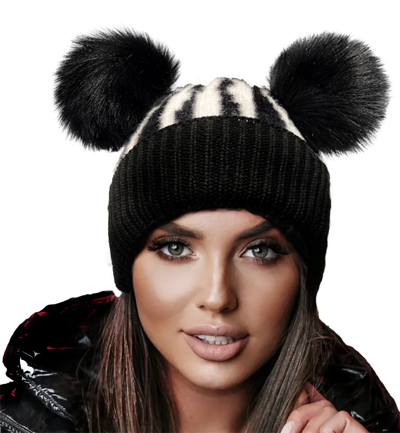 Zimná čiapka Woolk Dva pompoms zebra gaga čierna