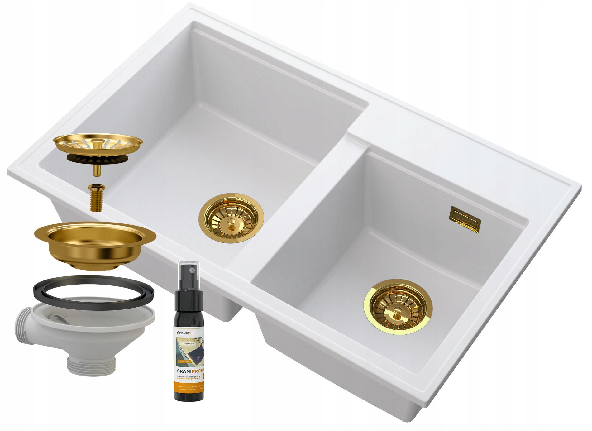 Kuchynská batéria - Žulové umývadlo biele 2 -Cip Siphon Gold Hektor