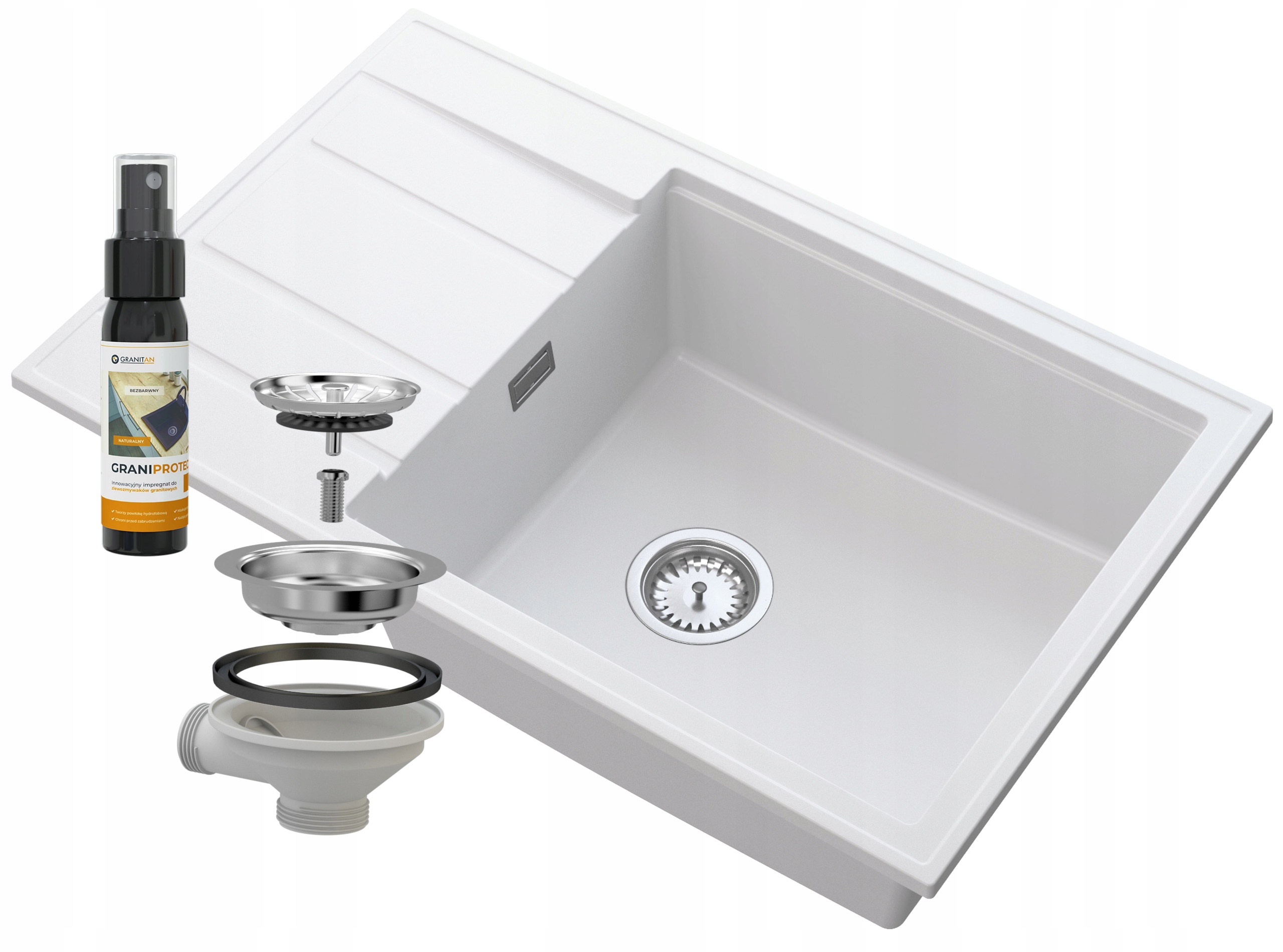 Kuchynská batéria - GRANITOVÝ DREZ BIELY ODVODŇOVAČ SIPHON CHROME LOUIS