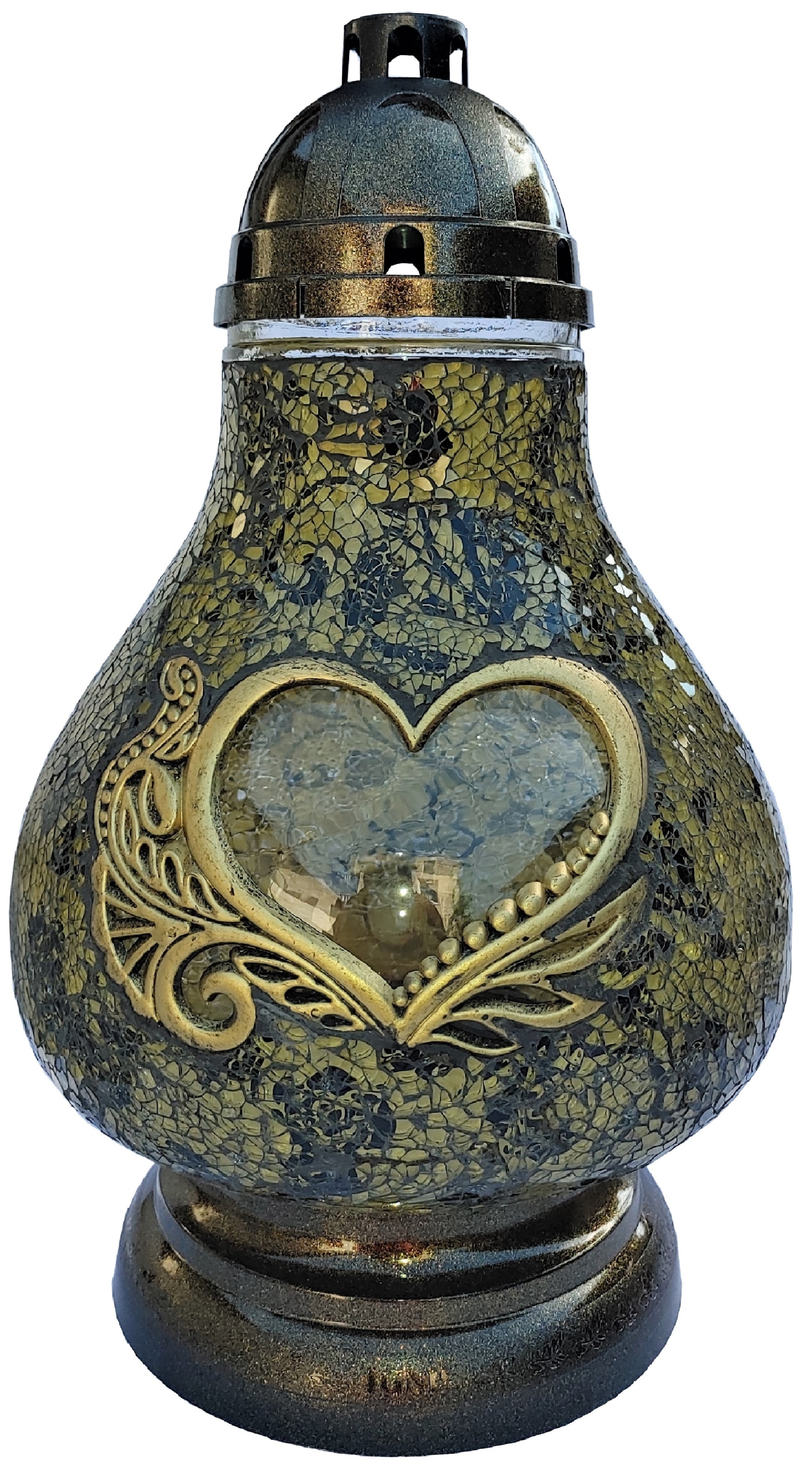 Svietnik, lampáš - Sviečka karafe srdiečko zlaté zafarbené sklo Mosaika 36 cm