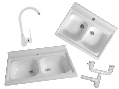 Kuchynská batéria - Sink 80x60 + biely kohútik biely kohútik sifón