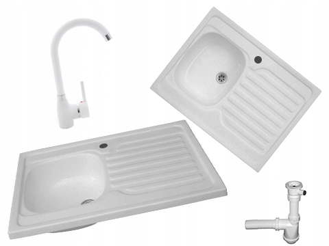 Kuchynská batéria - Sink 80x60 Biely odtokový kohútik sifón!