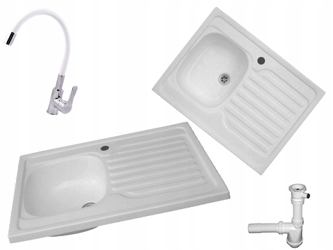Kuchynská batéria - Sink 80x60 Biely odtok + kohútik Flex Siphon